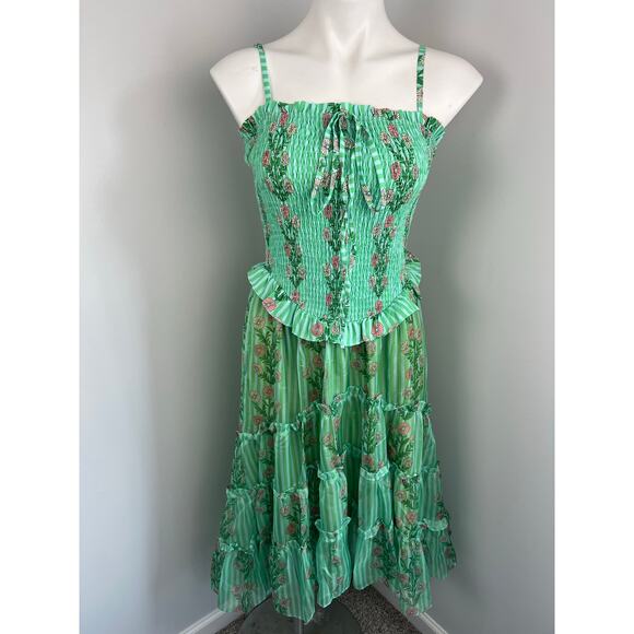 Unbranded Dresses & Skirts - Women's Green Sheer Floral Ruched Tiered Ruffle Garden Party Whimsical Dress